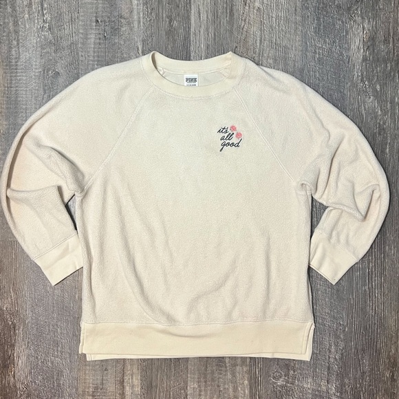 Pink Victorias secret cream sherpa crew neck pullover sweatshirt It’s All Good M - Picture 1 of 5